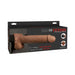 The image showcases the packaging for the "Fetish Fantasy Vibrating 10 Inch Hollow Dildo & Strap-on Harness - Caramel" by Pipedream Products. The black box, accented with red and white text, features images of a realistic-looking hollow 10-inch dildo. It highlights its strong vibrations and remote control, ideal for erectile dysfunction solutions.