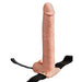 The Fetish Fantasy Vibrating 11 Inch Hollow Dildo w/Balls & Strap-on Harness - Vanilla features a realistic, skin-like texture with an adjustable black harness, shown upright on a plain white background, promising flexibility and comfort for all users.