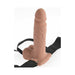 Introducing the Fetish Fantasy Vibrating 7 Inch Hollow Dildo w/Balls & Strap-on Harness w/ Remote by Pipedream Products. This realistic, caramel-colored dildo features detailed texture, a rounded tip, and comes with a black elastic harness with adjustable straps. The hollow dildo also includes lifelike testicles for an authentic feel. All set against a classic white background.