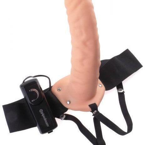 Vibrating Hollow Strap On Dildo 8 Inches - Beige 