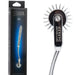 A "Fifty Shades Darker Adrenaline Spikes Metal Wartenberg Pinwheel" by Lovehoney is displayed next to its packaging. The packaging features a black and blue gradient design with the product name. This sensory toy has multiple sharp spikes and a shiny, hypoallergenic silver handle.