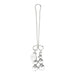 The Fifty Shades of Grey Just Sensation Beaded Clitoral Clamp by Lovehoney features a set of shiny silver metallic balls connected in pairs, suspended from a long, thin metal handle. Perfect for foreplay or solo play, the handle has a teardrop shape at the top and includes a small, round tag engraved with an inscription.
