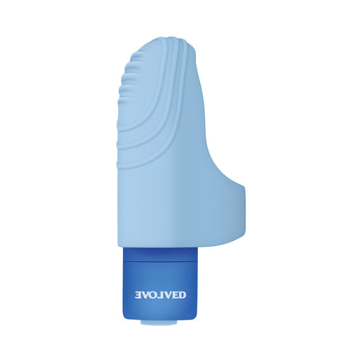 The Fingerlicious Rechargeable Silicone Fingering Vibrator is a small, light blue silicone fingertip vibe for clitoral stimulation, featuring textured ridges and a blue base labeled "EVOLVED," shown on a white background.