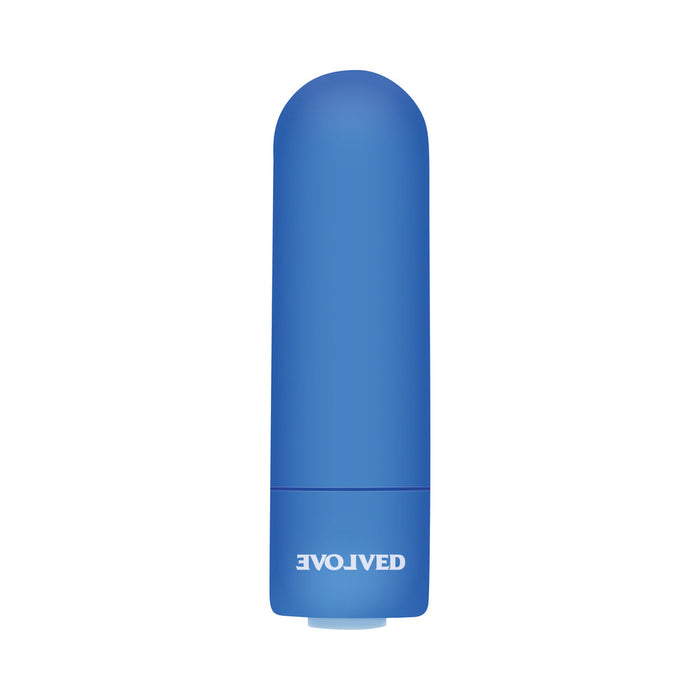 The Fingerlicious Rechargeable Silicone Fingering Vibrator is a small, blue, cylindrical, waterproof vibe with a rounded top and "EVOLVED" upside down on the lower part, designed for clitoral stimulation against a white background.