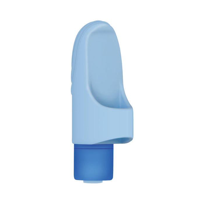 The Fingerlicious Rechargeable Silicone Fingering Vibrator, shown against a white background, features textured bristles and a wide base opening for slipping over a finger, resembling a blue finger ring for easy use.