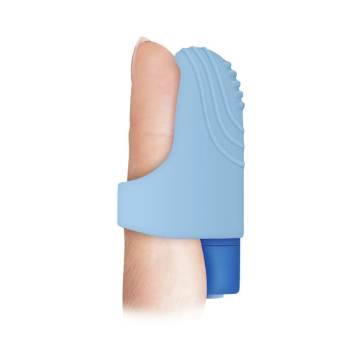 A close-up of a finger wearing the Fingerlicious Rechargeable Silicone Fingering Vibrator, featuring textured light blue silicone and a small vibrating tip for clitoral stimulation. The background is white.