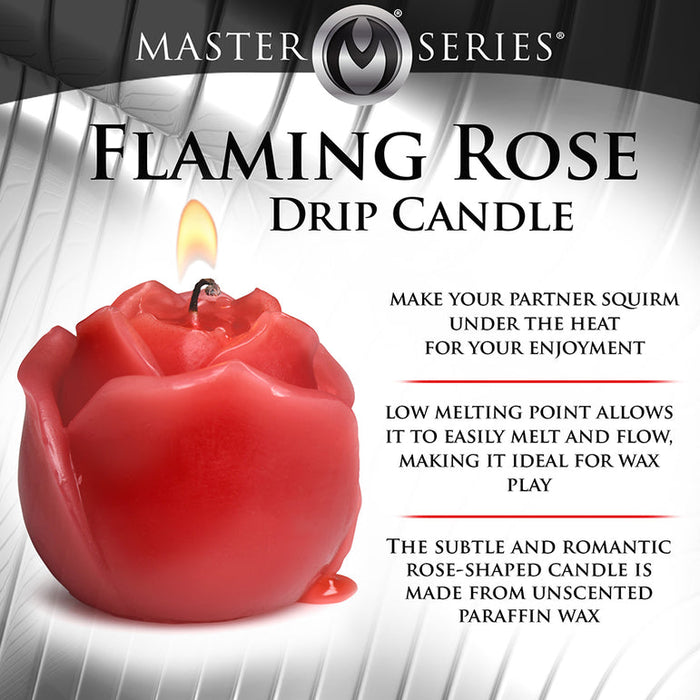 A red, rose-shaped candle called the Flaming Rose Drip Candle is shown lit. It's made from unscented wax, ideal for wax play, and designed to intensify erotic experiences with its low melting point.