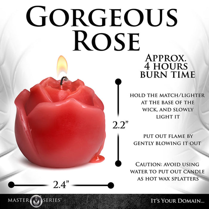 The Flaming Rose Drip Candle is a red, rose-shaped unscented candle with a flame, measuring 2.2" tall and 2.4" wide. It features a 4-hour burn time; instructions advise not to use water to extinguish—perfect for gentle wax play.