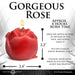 The Flaming Rose Drip Candle is a red, rose-shaped unscented candle with a flame, measuring 2.2" tall and 2.4" wide. It features a 4-hour burn time; instructions advise not to use water to extinguish—perfect for gentle wax play.