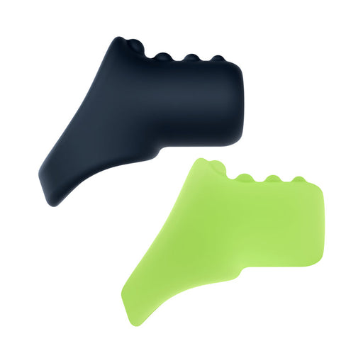 Two Flare Cock Slings for Erection Support—made from ultra-stretchy silicone in black and light green—feature textured, rubbery covers with small bumps and ergonomic curves for comfort, shown against a white background. Set of 2.