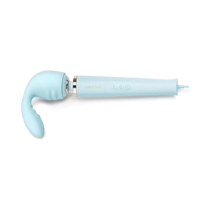 The Flexi Posable Silicone Wand Attachment, in light blue, features a curved, textured head and cylindrical handle with three control buttons for versatile stimulation, shown lying horizontally on a white background.