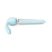 The Flexi Posable Silicone Wand Attachment, in light blue, features a curved, textured head and cylindrical handle with three control buttons for versatile stimulation, shown lying horizontally on a white background.