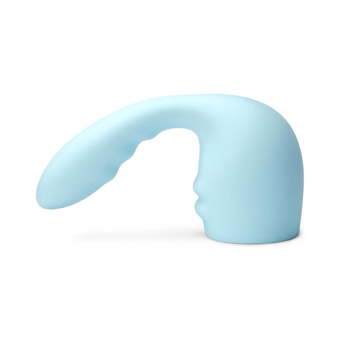The Flexi Posable Silicone Wand Attachment is a pale blue, curved accessory with a smooth rounded tip and three gentle ridges, designed for internal and external stimulation. Shown on a white background.