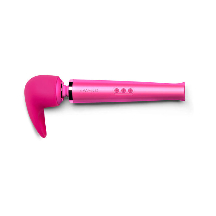 The Flick Oral Sex Simulating Flexible Silicone Wand Attachment features a pink, curved, bulbous head for clitoral stimulation and a sleek handle with three buttons, displayed on a white background.