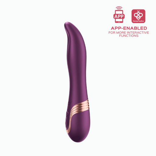 The Fling Powerful Licking Vibrator with App Control, shown upright in purple with rose gold accents, features icons and text highlighting its interactive app-controlled functions.