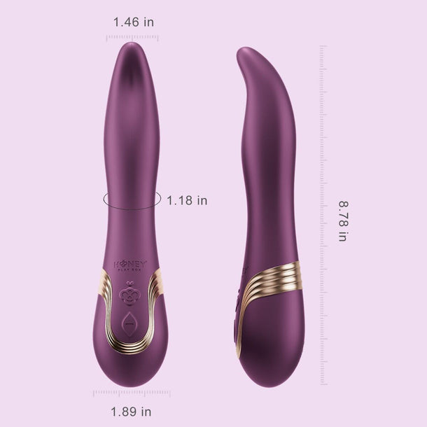 Two views of the Fling Powerful Licking Vibrator with App Control, shown upright in purple with gold accents, highlight its measurements: 8.78" long, 1.89" wide at the base, 1.46" at the tip, and 1.18" in the middle.