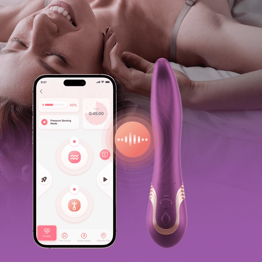 A woman lies smiling with her eyes closed on a bed. In front, a smartphone shows the Fling Powerful Licking Vibrator with App Control’s pink interface, highlighting Bluetooth connectivity between the device and the app.