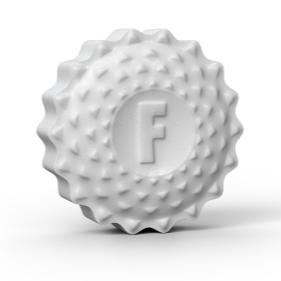 A white, textured, circular object resembling a gear or seal with an embossed letter "F" in the center sits against a black background. This striking design is reminiscent of Flintts Mouth Watering Mints - Strawberry by Flintts Mints, known for their unique connection to the Spilanthes flower.