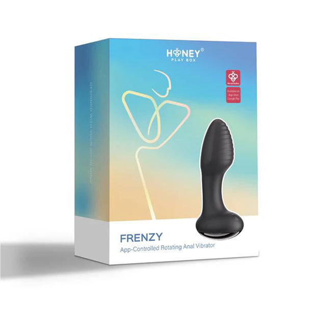 A product box for the "Frenzy Pressure Sensing App-Controlled Butt Plug" by Honey Play Box, with an image of the black ribbed plug and vibrant abstract packaging.