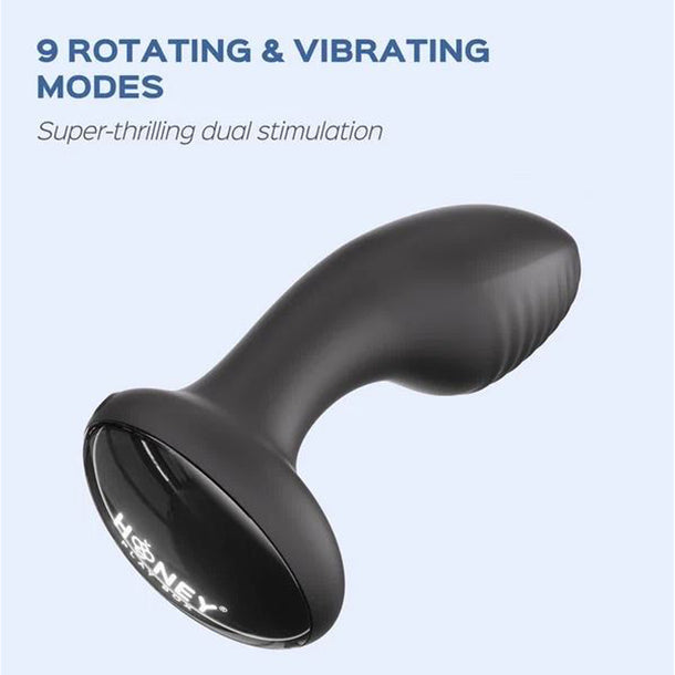 The Frenzy Pressure Sensing App-Controlled Butt Plug is a black, curved anal toy with 9 rotating & vibrating modes and super-thrilling dual stimulation, shown on a light blue background. The "Honey" brand name appears on its base.