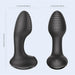 Two black silicone Frenzy Pressure Sensing App-Controlled Butt Plugs stand upright against a light background. The left, larger plug is ribbed at the top. Measurement labels in inches and millimeters show each plug’s height and width.