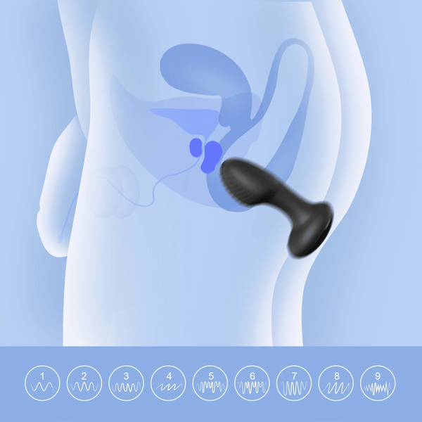 Illustration of the Frenzy Pressure Sensing App-Controlled Butt Plug inserted in a semi-transparent male pelvic body, showing internal anatomy. Below are icons depicting its nine vibration or pulsation modes.