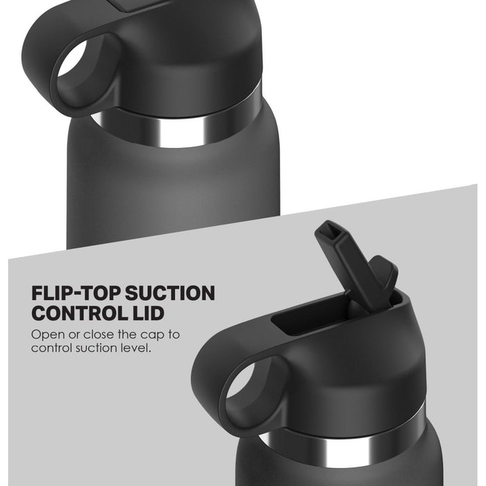 Image showing close-up views of a black water bottle with a flip-top suction control lid. The text reads "FLIP-TOP SUCTION CONTROL LID" and "Open or close the cap to control suction level for your discreet Fuck Flask Pussy Stroker Disguised as a Water Bottle - Vanilla experience.
