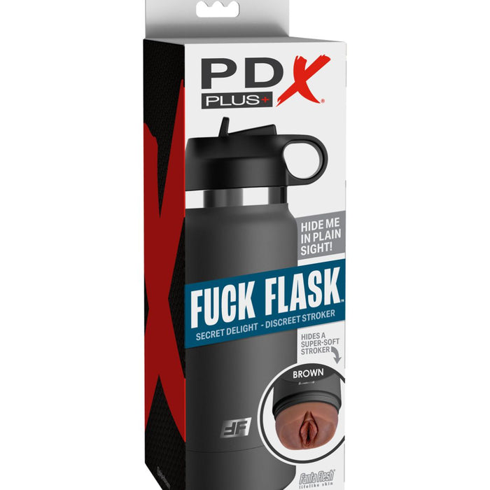 A product box displays the "Pipedream Products" brand "Fuck Flask Pussy Stroker Disguised as a Water Bottle - Chocolate"—a discreet stroker designed to look like a water bottle. The box highlights its lifelike pussy masturbator crafted from Fanta Flesh material, featuring text that indicates it's brown in color and promotes its purpose with the slogan "Hide Me in Plain Sight!