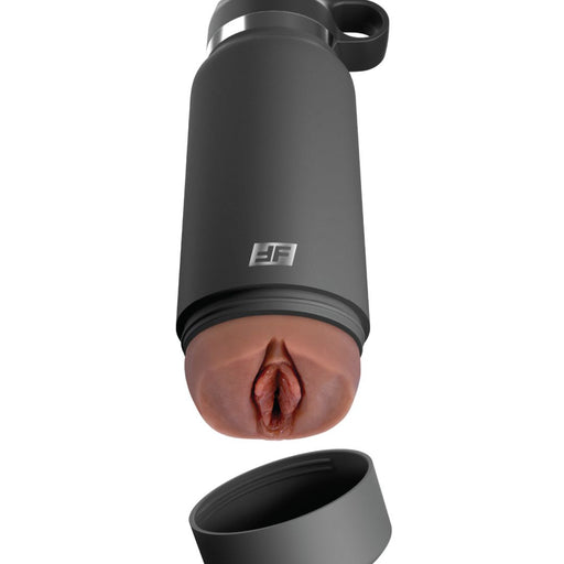 A gray water bottle with a removable base cap that reveals a discreet stroker designed to resemble female genitalia inside the bottle. The cap is detached and placed in front, while the main bottle stands vertically upside down, featuring a lifelike pussy masturbator crafted from Fanta Flesh material. Introducing the Fuck Flask Pussy Stroker Disguised as a Water Bottle - Chocolate by Pipedream Products.