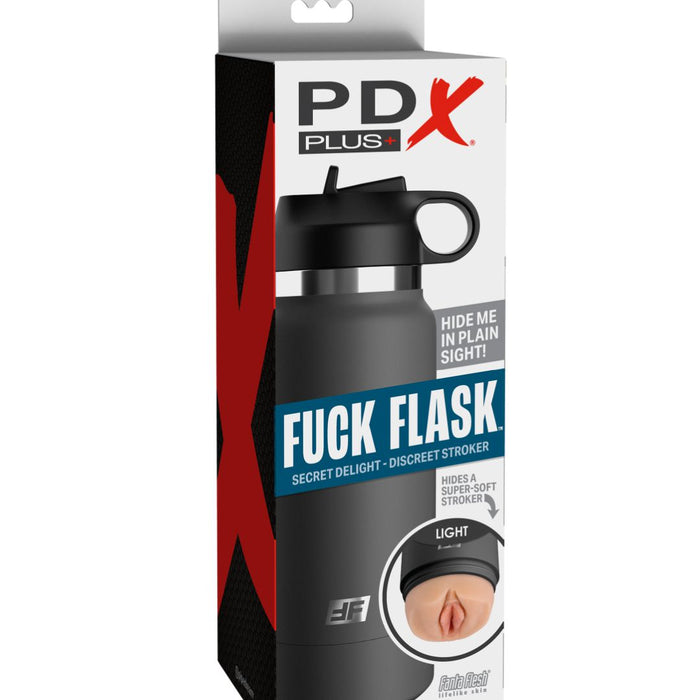 A black, cylindrical flask is packaged in a box labeled "Fuck Flask Pussy Stroker Disguised as a Water Bottle - Vanilla" by Pipedream Products. The box features a cutout image showing a soft interior, hinting at its hidden pussy masturbator feature. Text on the box reads "Hide me in plain sight!" and "Secret Delight - Discreet Stroker.
