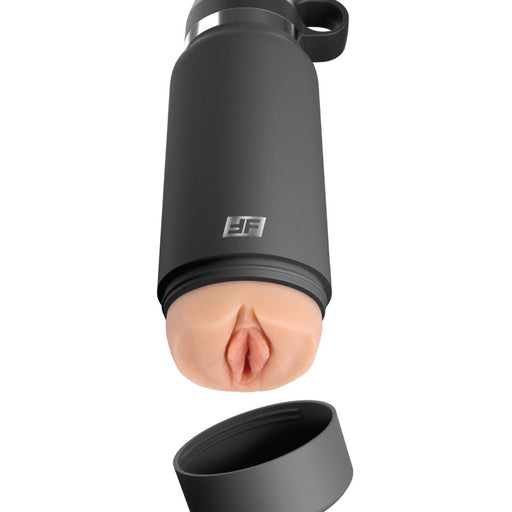 A sleek black Fuck Flask Pussy Stroker Disguised as a Water Bottle - Vanilla by Pipedream Products with a handle, partially opened to reveal a flesh-colored insert with a realistic pussy design. The container's cap is detached and placed below.