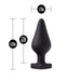 The Fuck Me Silicone Heart Butt Plug - Black by Blush is displayed. It features a bulbous shape with a tapered tip and a heart-shaped base for added charm and safety. The dimensions are 4.25 inches in total length, 3.75 inches insertable length, and 1.75 inches at the widest point.