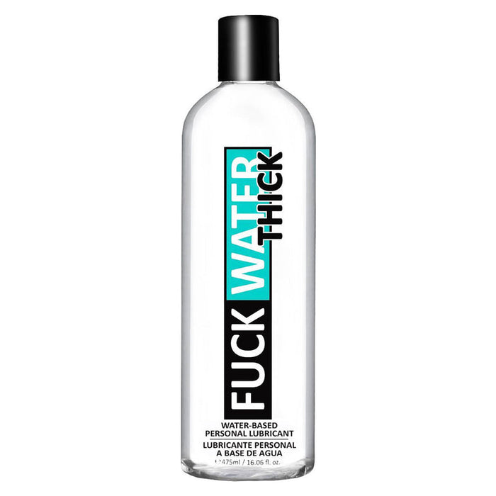 The 16oz Fuck Water Thick Cushioning Water Based Lubricant features a clear bottle with black cap and black, white, and teal labeling. This ultra-thick, pH-balanced, body-safe formula is designed for comfort and versatility.