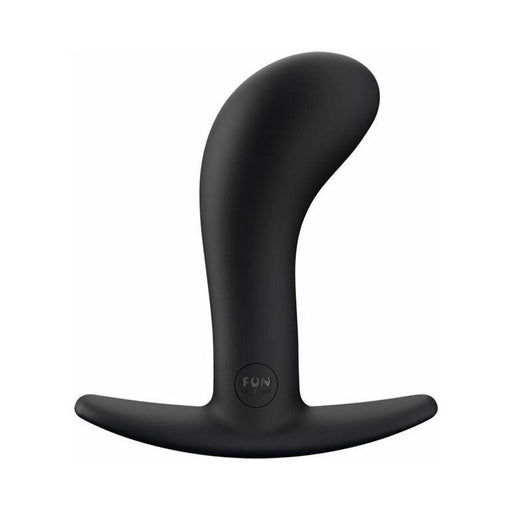 The Fun Factory Bootie Large Silicone Anal & Prostate Plug in black is a silicone butt plug with a curved design, perfect for prostate play. It features a sturdy silicone base with the brand name "Fun Factory" embossed near the bottom.