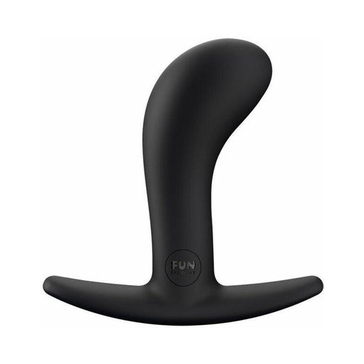 The Fun Factory Bootie Medium Silicone Anal & Prostate Plug is a black adult toy, ergonomically shaped with a curved top and a T-shaped base. Its smooth silicone design enhances comfort, and the base features the words "Fun Factory.