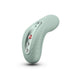 A sage green Fun Factory Laya 3 Lay On Humping Vibrator, ergonomically designed and crafted from body-safe silicone with a textured surface. The device features three metallic buttons, including a red power button. It stands upright, casting a shadow beneath on the plain white background.