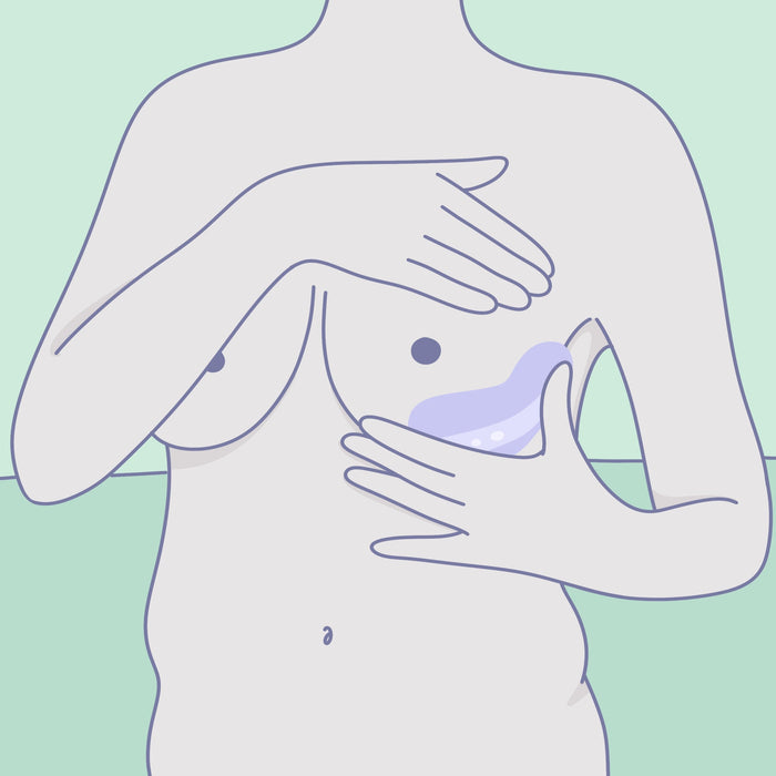 An illustration of a person performing a breast self-exam with ergonomic design techniques, similar to the thoughtful design of the Fun Factory Laya 3 Lay On Humping Vibrator - Sage Green. The person uses their hand to feel their breast tissue, checking for any lumps or abnormalities. The background is light green, reminiscent of the soothing sage green color of the Fun Factory product, emphasizing the importance of regular self-exams for breast health.