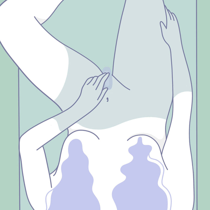 Illustration of a person lying down on a flat surface. The bottom half of the body is shaded in a blue tone, while the hands are positioned over the midsection. The background is a soft teal color. The image has minimalist and abstract features, showcasing an ergonomic design reminiscent of Fun Factory's Laya 3 Lay On Humping Vibrator in Sage Green, known for its body-safe silicone appeal.
