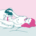 Illustration of two people using the Fun Factory Share Lite Silicone Double Dildo - Deep Sea Blue on a bed, set against a pastel pink and blue background. One is receiving and giving oral sex, potentially exploring clitoral and g-spot stimulation. Their features are stylized, with magenta-colored hair.