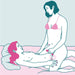 Illustration of two women engaged in an intimate moment. One woman is lying on her back while the other, wearing underwear, is sitting between her legs using a Fun Factory Share Lite Silicone Double Dildo in Deep Sea Blue. The scene is drawn in a simple, stylized manner with a limited color palette of pink and teal.