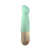A pistachio-colored Fun Factory Sundaze Thrusting Vibrator with a gold-colored handle featuring two control buttons. The ergonomic design and smooth texture offer user-friendly operation, while its pulsing and stroking motions promise a tailored experience.