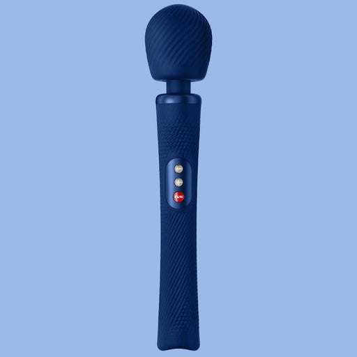 The Fun Factory Vim Silicone Weighted Rumbly Wand Vibrator in blue offers a handheld massager experience with a rounded, textured head and a ribbed handle. It includes a control panel with four buttons: three for customizable settings and one for power. Enjoy deep-reaching vibrations from this powerful wand against its light blue background.