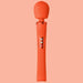 The Fun Factory Vim Silicone Weighted Rumbly Wand Vibrator, in a vibrant orange shade, features a textured surface and deep-reaching vibrations. It sports a rounded head and an ergonomic silicone handle with three control buttons centrally positioned. The backdrop is a coordinating orange color.