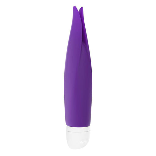 A sleek and modern Fun Factory Volita External Vibrator, this purple silicone personal massager features a smooth, elongated shape with a white base. The top boasts two flexible, fluttering tips reminiscent of petals, and its waterproof functionality ensures versatile use.