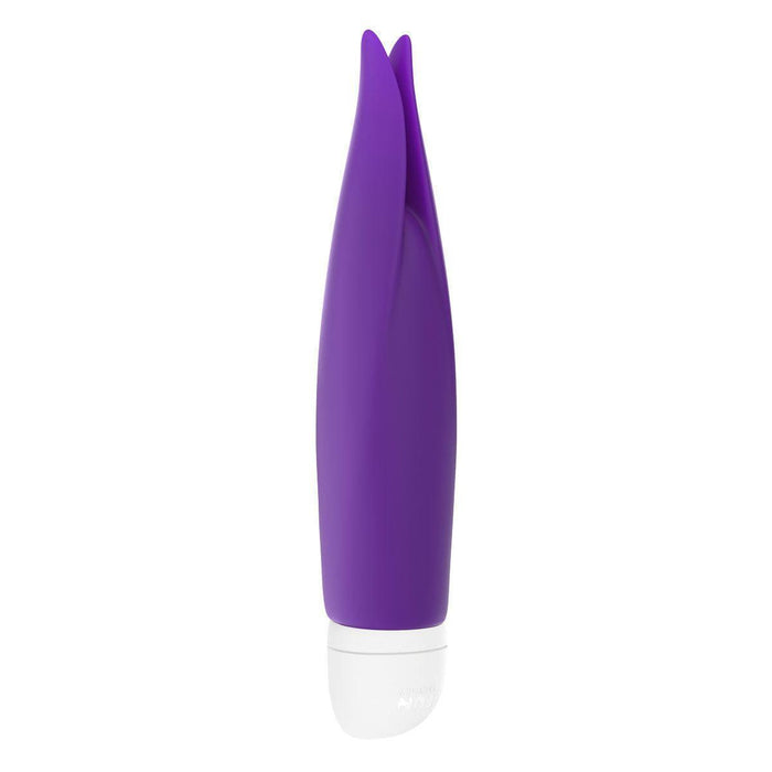 A sleek and modern Fun Factory Volita External Vibrator, this purple silicone personal massager features a smooth, elongated shape with a white base. The top boasts two flexible, fluttering tips reminiscent of petals, and its waterproof functionality ensures versatile use.
