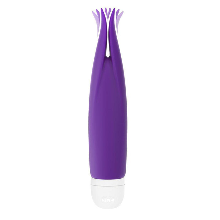 A compact, stylish, and contemporary purple Fun Factory Volita External Vibrator with a white base and an innovative open-ended design at the top that branches into multiple soft, flexible extensions. The device features fluttering tips and stands upright against a white background.