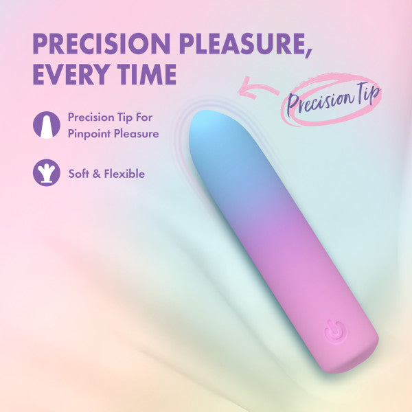 The Play With Me Berry Burst Soft Flexible Bullet Vibrator, made from body-safe silicone, features a pastel color and precision tip for pinpoint pleasure. Text: “Precision Pleasure, Every Time. Soft & Flexible.”.