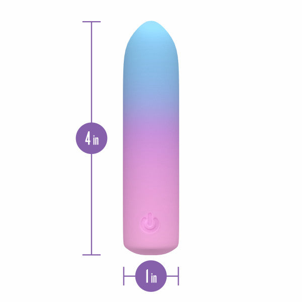The Play With Me Berry Burst Soft Flexible Bullet Vibrator is a small, cylindrical toy made of body-safe silicone in a pastel blue-to-pink gradient, measuring 4 inches tall by 1 inch wide, with labeled vertical and horizontal dimensions shown.
