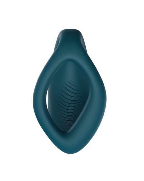 Abstract dark teal sculpture with a twisted, toroidal shape, ribbed inner texture, and We-Vibe Sync O Hands-Free Wearable Couples Vibrator - Green app control.