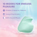 The Dream Crush Waterproof Ergonomic Finger Vibrator in mint green, shown on a pastel cloud background, offers 10 modes—3 speeds and 7 patterns—for teasing to deep sensations. Made from body-safe silicone.